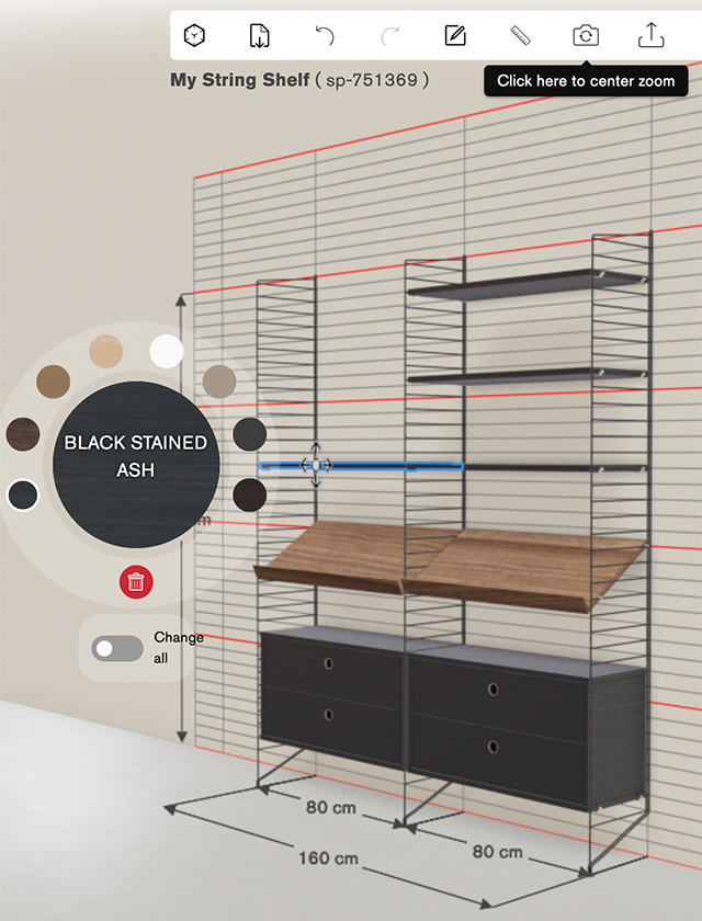 Vorschau des String Furniture String Planners mit individuell konfiguriertem String Regalsystem in Walnuss – Regal online planen und gestalten.