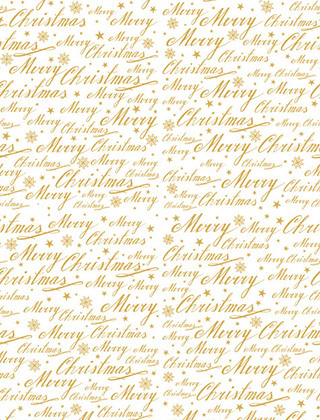 Geschenkpapierbogen Merry Christmas. Weihnachtliches Motiv mit der Aufschrift Merry Christmas in goldener Schreibschrift auf weißem Hintergrund. Aufgrund der hohen Grammatur der Papiere sind diese sehr reißfest. Sie können die Papiere einzeln erwerben. Gern verpacken wir Ihre Einkäufe auch als Geschenk.