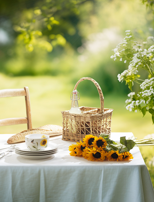 Ein friedvolles Picknick im Grünen, festgehalten in "Kähler-Design-Hammershøi-Summer-Serie-2024: Sonnenblumen-Tasse und Teller". Ein sorgsam gedeckter Tisch trägt Geschirr aus dieser Serie, ziert sich mit einem Becher, auf dem Sonnenblumen prangen. Eine idyllische Weidenkorbflasche und ein halbes Baguette begleiten das Arrangement, während ein Strauß frischer Sonnenblumen, der über den Rand der Tischdecke fällt, das Bild vollends in Sommerstimmung taucht. Im Hintergrund verschwimmen die Konturen eines sommerlich grünen Gartens und Blütenweiß, die das ländliche Flair perfektionieren.